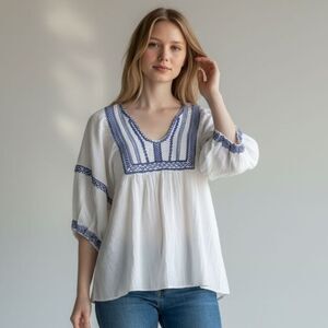 Max Studio White Blouse with Blue Embroidery